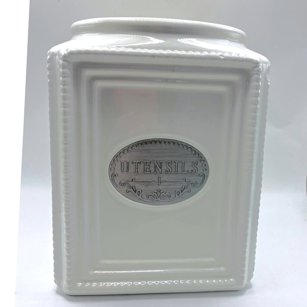 THL Ceramic Utensil Holder White Square Beaded Farmhouse Crock Silver Label